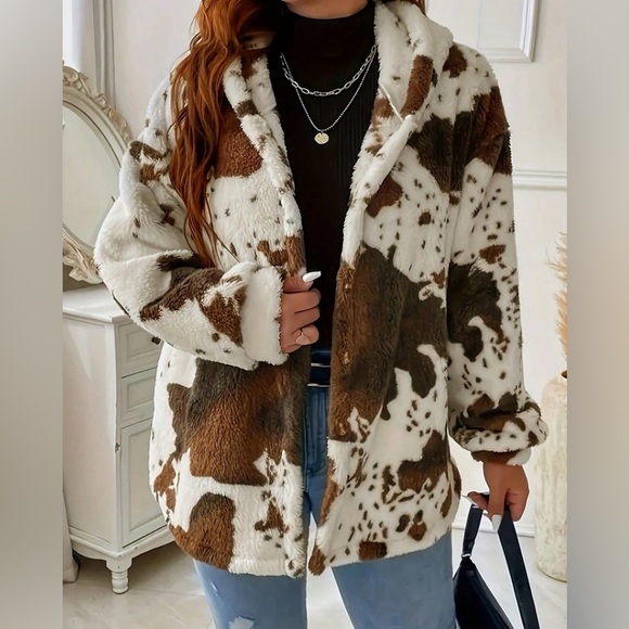 ❤️ Cow Print Plush Hooded Outerwear - Brown/White - Picture 3 of 8